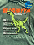 Close up of the Glow in the Dark Velociraptor Facts Graphic Tee by CR Sports