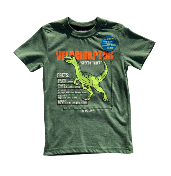 Front of Glow in the Dark Velociraptor Facts Graphic Tee by CR Sports